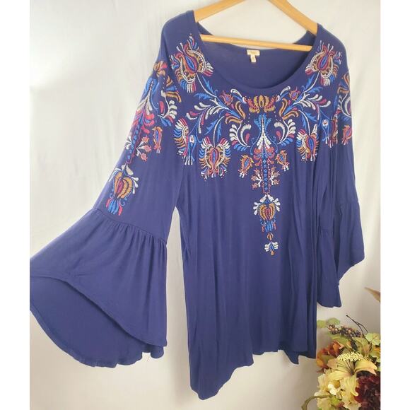 Reba Top L Navy Blouse Rayon 3/4 Sleeves Embellished Rhinestones Womens Size - Picture 7 of 12